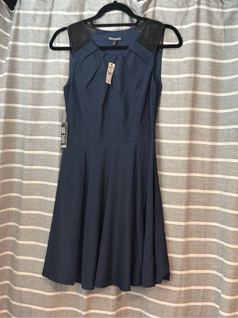 Express Navy Sleeveless Fit & Flare Dress with Mesh Shoulders